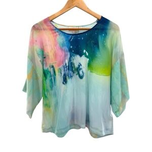 Claire Desjardins Silk Blouse Top Size 6 Abstract Watercolor Print Dolman Sleeve